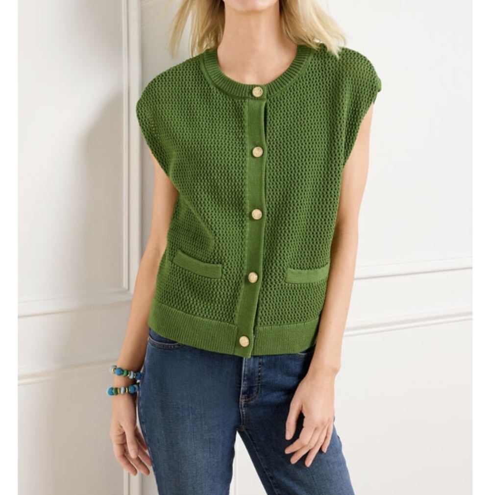 Talbots Mesh Knit Crested Button Boxy Sweater Shell sz M Green Gold Preppy Chic